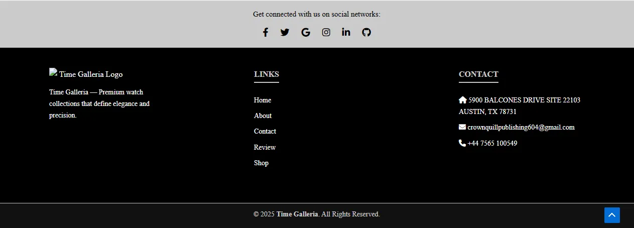 Footer section of Time Galleria website showing Abdul Samad's luxury watch store design